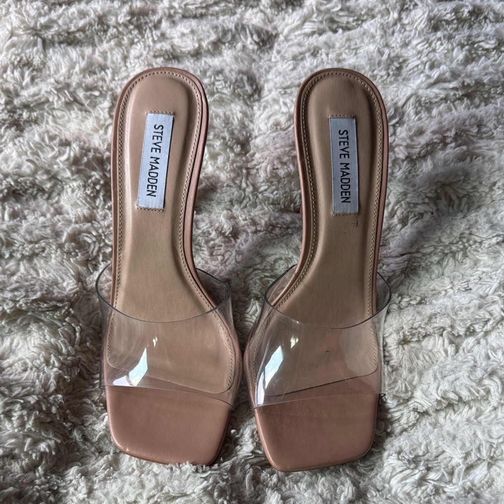 Steve Madden Signal Clear Nude Heel Slide Square Toe Sandal 8.5